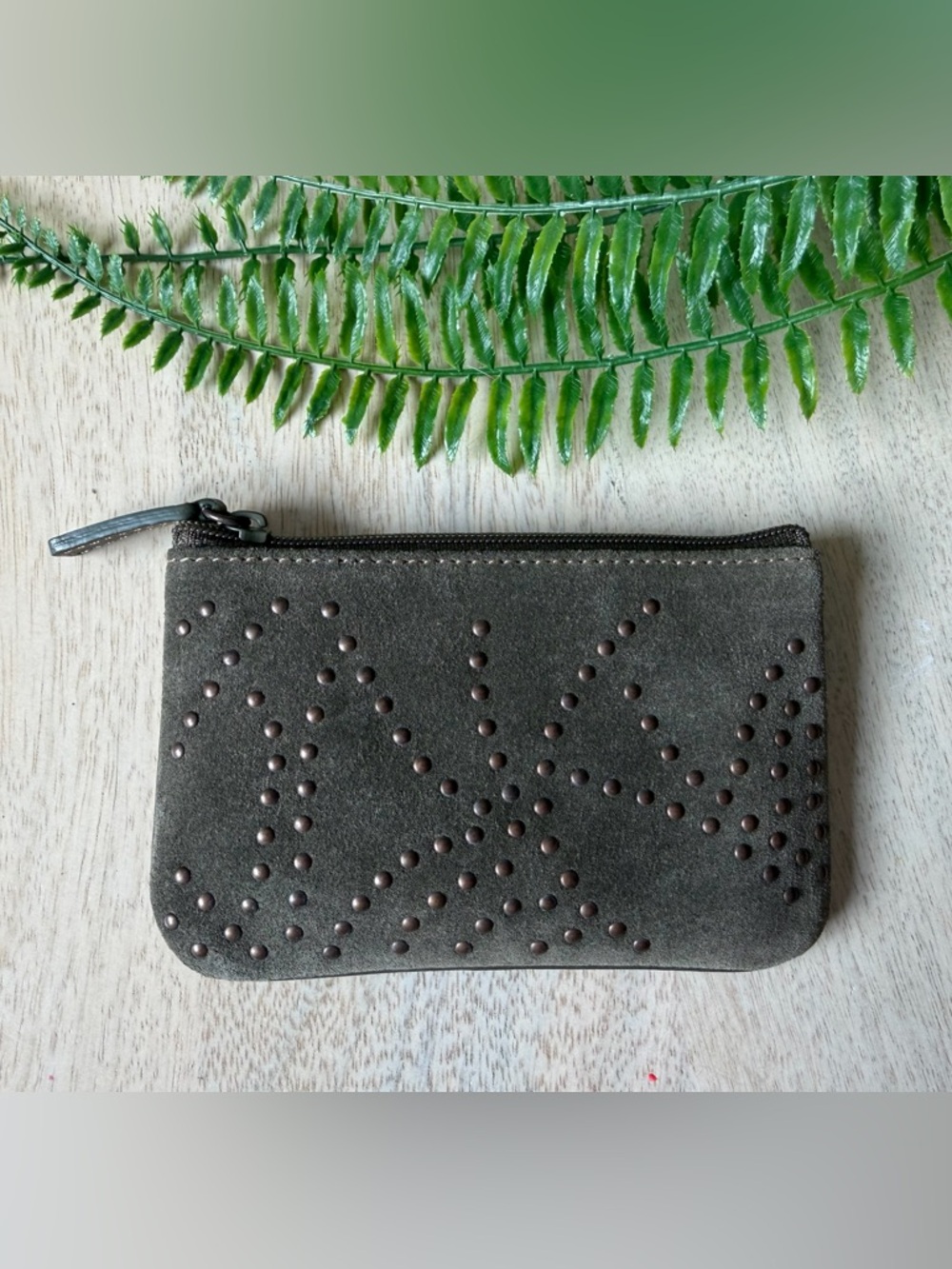 FOSSIL leather suede Studded Zip Wallet - Dark Green/Grey Never Used